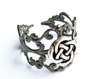 Celtic Ring, Irish Ring, Celtic Knot Ring, Celtic Gift - Gunmetal Filigree Ring with Celtic Knot, Adjustable