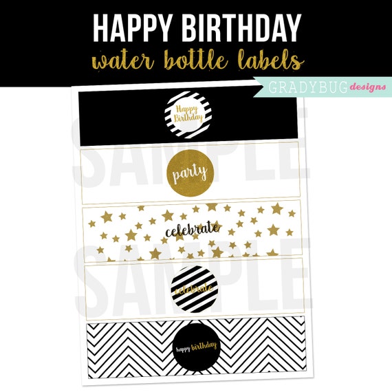 happy birthday water bottle labels black and by