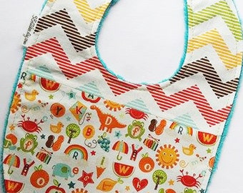 Cute Alphabet Baby Bib - School Days with Multi-Chevron on Teal Minky