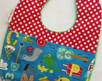 Fun Alphabet Baby Bib - Alphabet with Red and White Polkadots on Green Minky