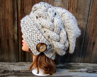 Oatmeal Cloche - Slouchy Hat With Button - Cable Knit Hat - Flapper Hat - 1920s cloche hat - Chunky Knit Hat Women