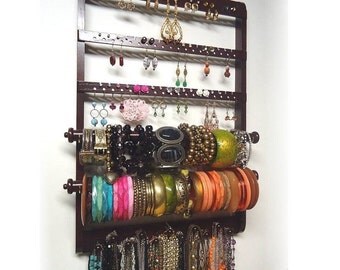 Dark Mahogany Double Bangle Bracelet Holder, Jewelry Organizer, Oak Hardwood, Earring Organizer, Necklace Storage, Rack, Wall Mounted