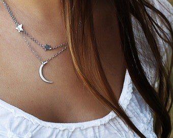 Mini Crescent Moon and Stars Layered Necklace- Handcut Modern Silver Crescent Moon Shape with Three Tiny Star