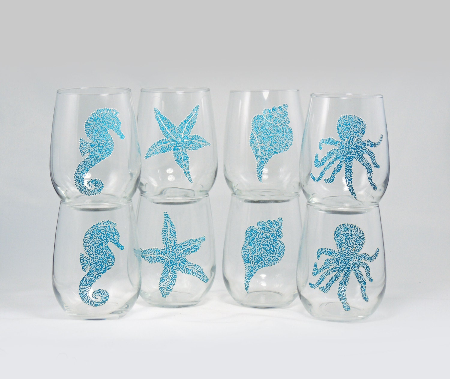 Beach theme stemless wine glasses Set of by ButterflyRougeStudio