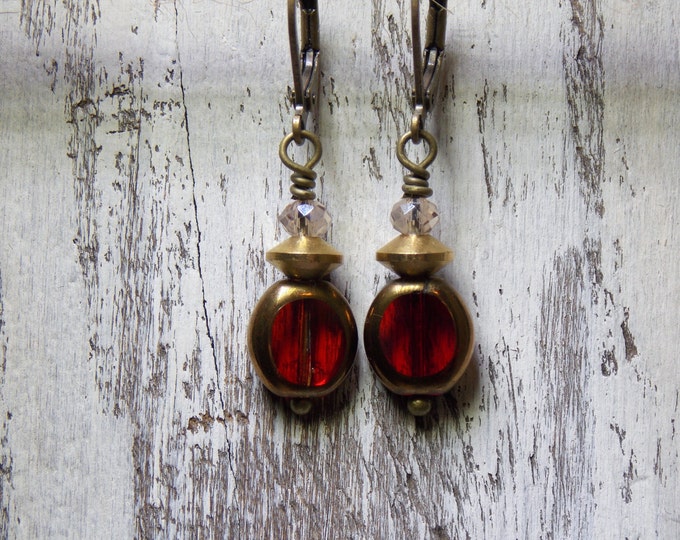 Red Earrings Simple Dangle Czech Glass Earrings Minimalist Jewelry Boho Earrings Small Dainty Earrings Holiday Jewelry Red & Gold Earrings