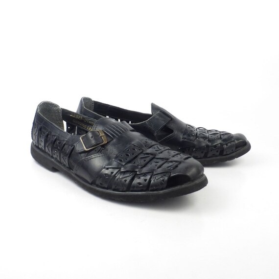Black Huarache Sandals Vintage 1980s Stacy Adams Woven Leather