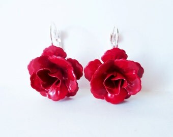 Red rose earrings. Flower earrings. Cherry red earrings. Rose jewelry. Metal rose earrings. Flower jewelry. Blood red rose. Scarlet rose.