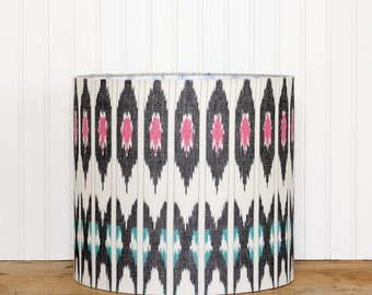 SALE - Ikat Drum Shade - Lamp Shade - Modern Drum Shade - Ikat Lamp Shade - Grey Pink Teal - Table Lamp Shade - Lamp Shade - Grey Lamp Shade