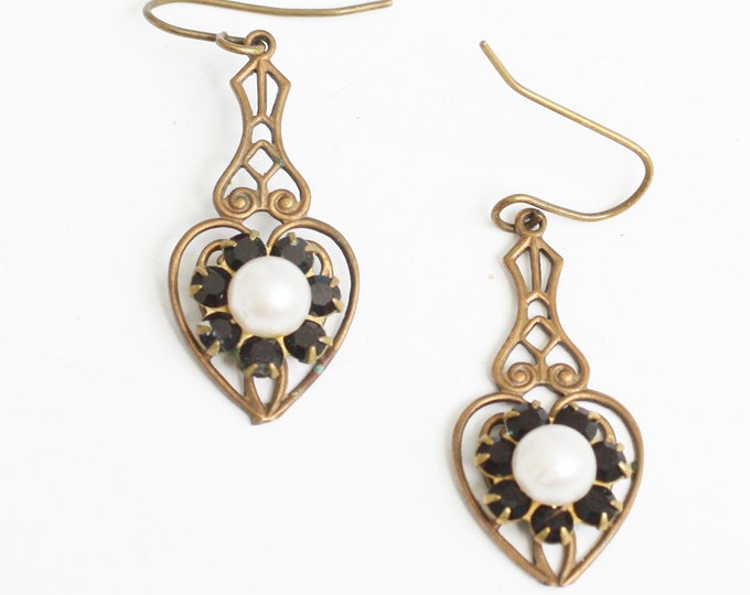 Filigree Heart Dangle Earrings Faux Pearls and Garnets Victorian Revival Vintage