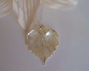Mother of the Groom Gift, Real Leaf Necklace,Gift for Grooms Mother, Pearl Necklace, Wedding Jewelry,Silver Leaf Jewelry, Sterling Silver