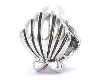 Shell with Fresh Water PEARL Silver European Charm Bead Fits: Pandora, Charmed Memories and Compatible Brand Bracelets BELLA FASCINI® F-64