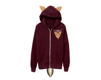 Geo Chipmunk Hoodie - Fleece Hooded Zip Sweatshirt with Ears and Tail in Heather Cranberry and Tan - Unisex Size XS-2XL