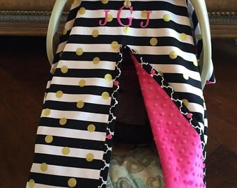 Super Cute Baby Car Seat Covers - Black Stripe - Gold Dot with Hot Pink Minky - Bows Incl - Baby Girl - Shower Gift