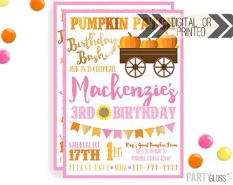 Pumpkin Patch Invitation | Digital or Printed | Pumpkin Party | Pumpkin Invite | Girly Pumpkin | Fall Birthday Invitation | Gold Sparkle