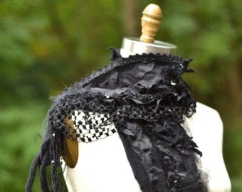 Cashmere long black SCARF SHAWL Wrap/ ruffles, fringes, lace appliqués. Boho OOAK accessory, Dolly Kei Goth Lolita, steampunk tattered wrap