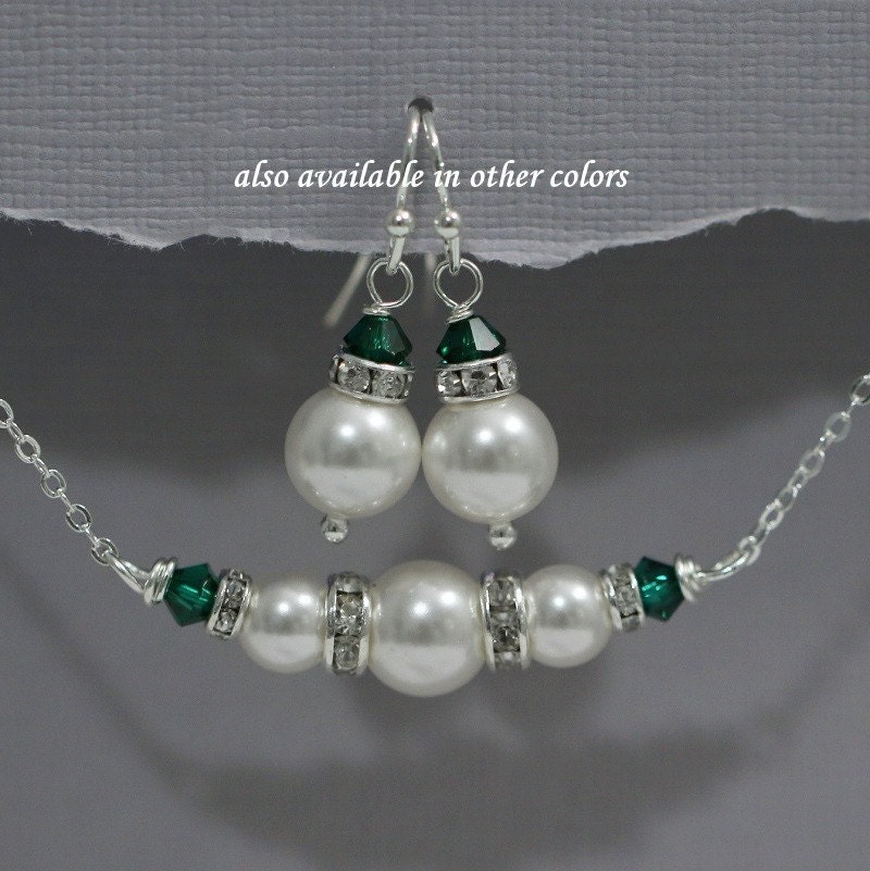 Dark Green Wedding Jewelry Set Swarovski White Pearl and