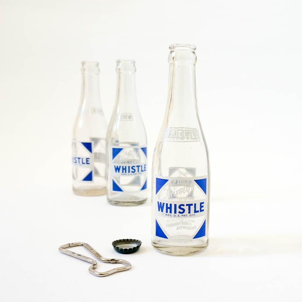 Vintage 1950s Whistle Soda Glass Bottle VGC / Blue White