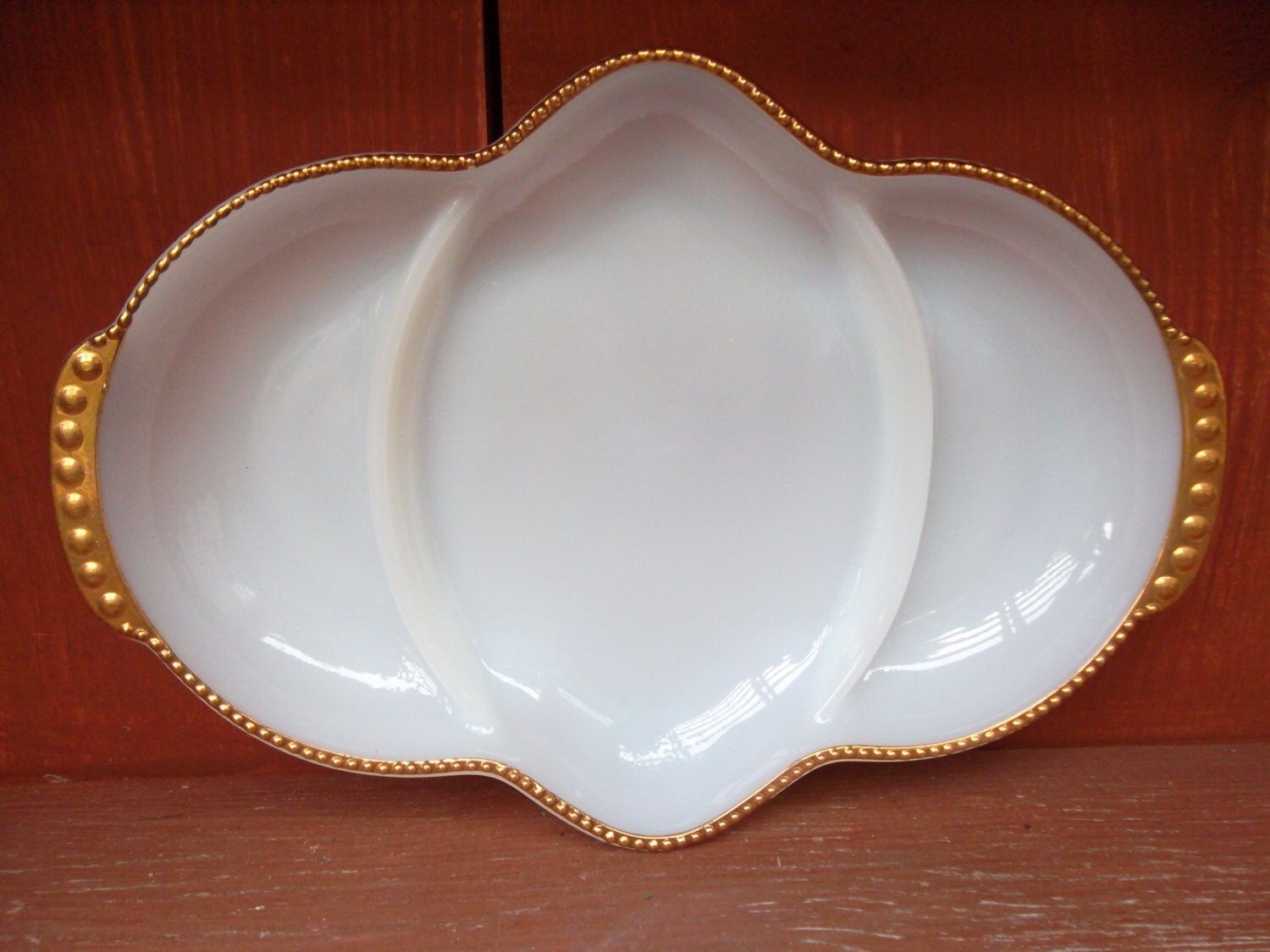 Vintage Fire King Milk Glass Divided Dish with Gold Beaded Accents