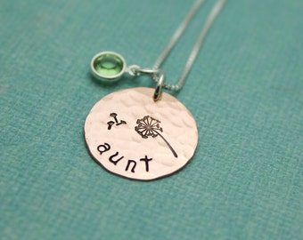 Aunt Necklace Gift with Birthstone Pearl, Dandelion Necklace, Personalized Auntie Necklace, New Aunt Gift, Personalized Hand Stamped Jewelry