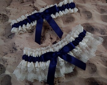 Wedding Garter Belt Toss Set Navy Blue Ribbon Ivory Lace Brides Ready To Ship Wedding Toss Set