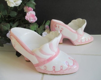 SHOE CANDLE HOLDERS * Pink And White Ceramic * Victorian Style