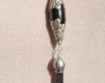 Black Himalayan Bead with chain tassel necklace