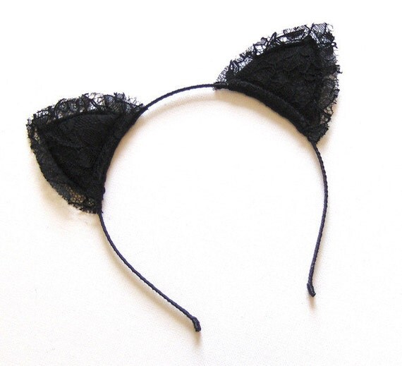 Black lace overlay kitty ears headband UK. by talulahblue on Etsy