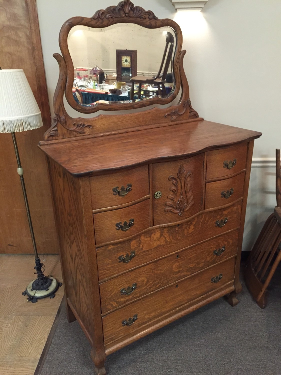 Antique Dresser Oak Center Hat Box Chest Tilt Mirror by ptgallery