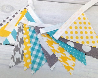 Bunting Banner Mini, Fabric Banner, Fabric Flags, Baby Nursery Decor, Birthday Decoration - Gray, Yellow, Grey, Aqua Blue, Chevron, Dots