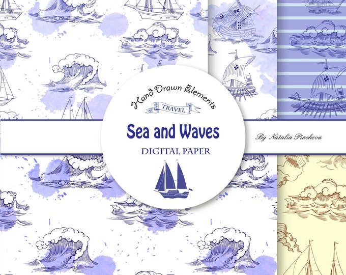 Sea and Waves. Nautical, see, wave, sketch, ocean, water, summer, marine, hand drawn, travel, ship, yacht, nautical, clipart