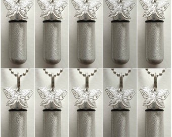 Family Set of TEN Brushed Silver Lace Butterfly CREMATION Urn Necklaces w/ENGRAVED Hearts! With 10 Velvet Pouches, 10 Ball-Chains & Fill Kit