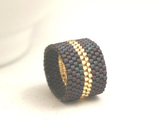 Peyote Ring . Beadweaving Ring . Dark Copper and Sparkling Gold Stripe Ring . Seed Bead Jewelry
