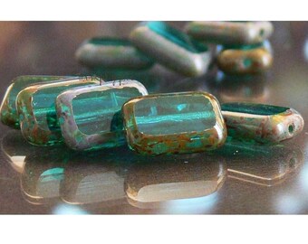 Teal Picasso Beads, Rectangle Czech Glass Beads 12mm 12