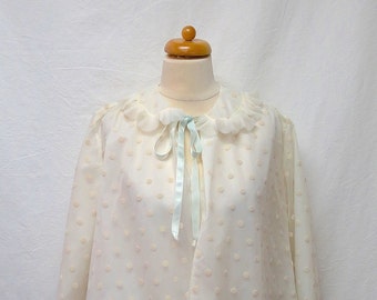 1950s Vintage Odette Barsa Bed Jacket / White Flocked Polka Dot Pleated Collar Jacket
