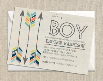 Baby Boy Shower Invitation - Fall Colors - Tribal Aztec and Arrows - Digital Printable File
