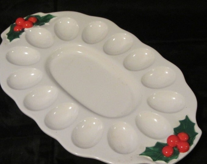 Set Vintage Egg Platter and Horderve Serving Platter White Ceramic Made in Japan With Touch of Holly, Holiday Serving Trays, Holly Egg Dish