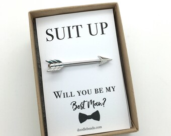 Gift for Best Man, Groomsmen, Arrow tie clip, silver or gold arrow tie bar, carded Suit UP - Will you be my best man? wedding party proposal