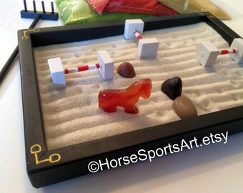 Hunter Jumper Desktop Mini Jumping Arena Zen Garden Complete with 3 Jumps, Stones, "Footing", Stone Horse,Handcrafted Wood R