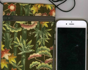 Cell Phone & Passport Bag - Quilted Cotton - Green Bamboo Asian - Long strap - Fits iphone