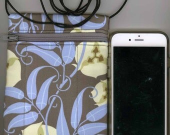 Cell Phone & Passport Bag - Quilted Cotton - Blue Floral - Long strap - Fits iphone