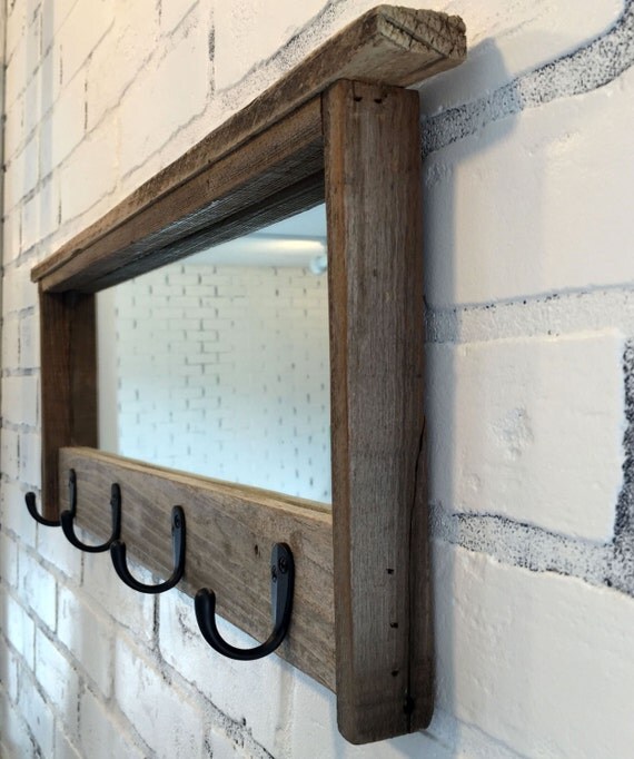 Wall Mirror With Hooks entryway mirror with four coat hooks rustic reclaimed wood Wall Mirror With Hooks entryway mirror with four coat hooks rustic reclaimed wood