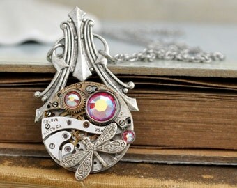 steampunk necklace, petite Art Deco, steampunk jewelry, antiqued brass vintage watch movement with rhinestones
