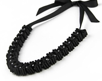Black Crystal Pleated Ribbon Necklace - Gift for Her - Bridesmaid Gift - Beaded Necklace - Ribbon Necklace - Wedding Jewellery