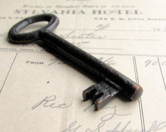 Large antique skeleton key, refinished - 3 inches long - dark, distressed, aged black patina, authentic vintage key, rustic old key