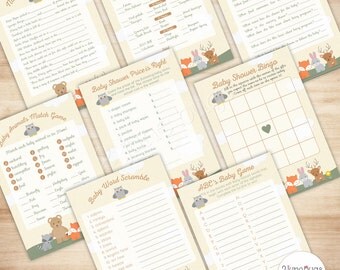 Shower Game Pack Woodland Baby Shower Games Package Shower Game Set, Woodland Animals Baby Shower Game Set, Neutral or Boy Baby Shower