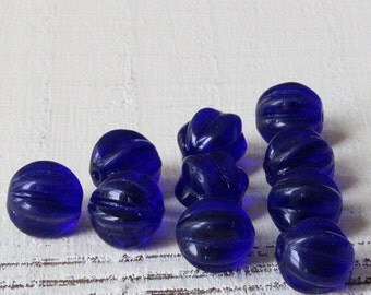10mm Melon Bead - Czech Glass Beads For Jewelry Making (20 pieces) Cobalt Blue