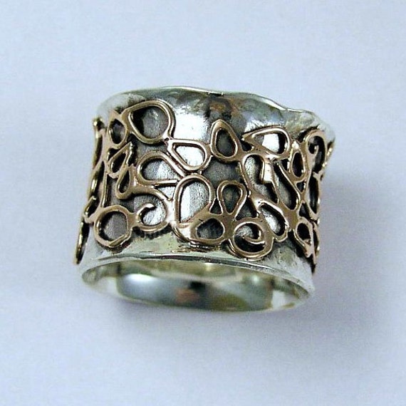 Wide Unisex Band gold silver ring gold lace ring mixed