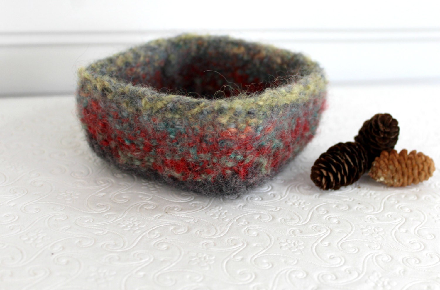 Gray Wool Felt Basket Knit Felt Storage Basket Boiled Wool
