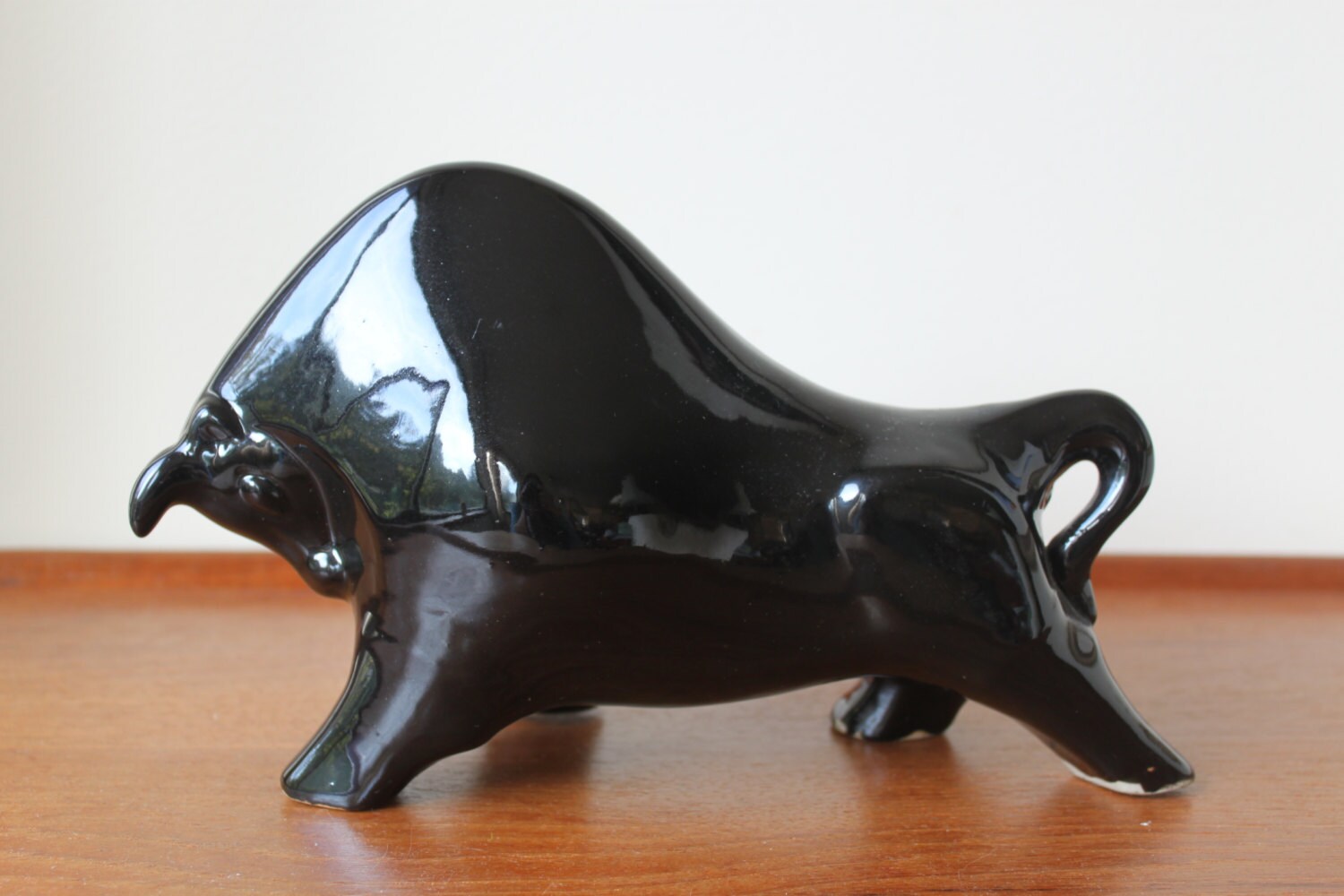 Mid Century Modern Ceramic Bull Figurine Statue Black