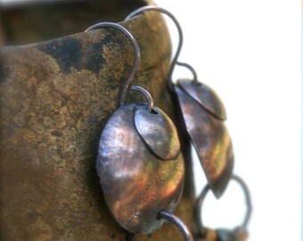 Rustic Solid Copper Discs earriings a19- raw natural textured rough , Czech glass , oxidized metal , primitive coinds discs , rings earthy